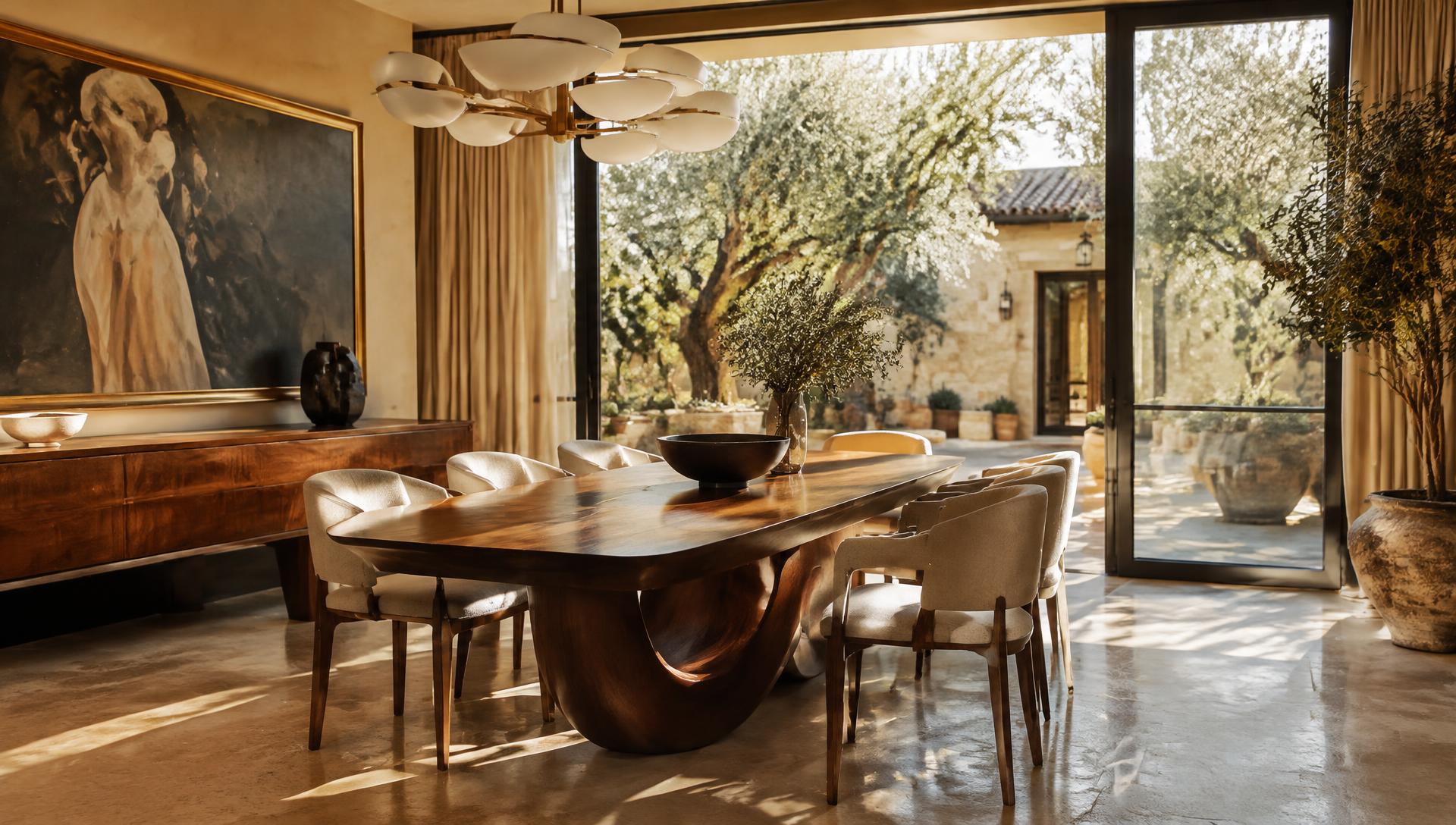 Fully furnished dining room with walnut table and courtyard view