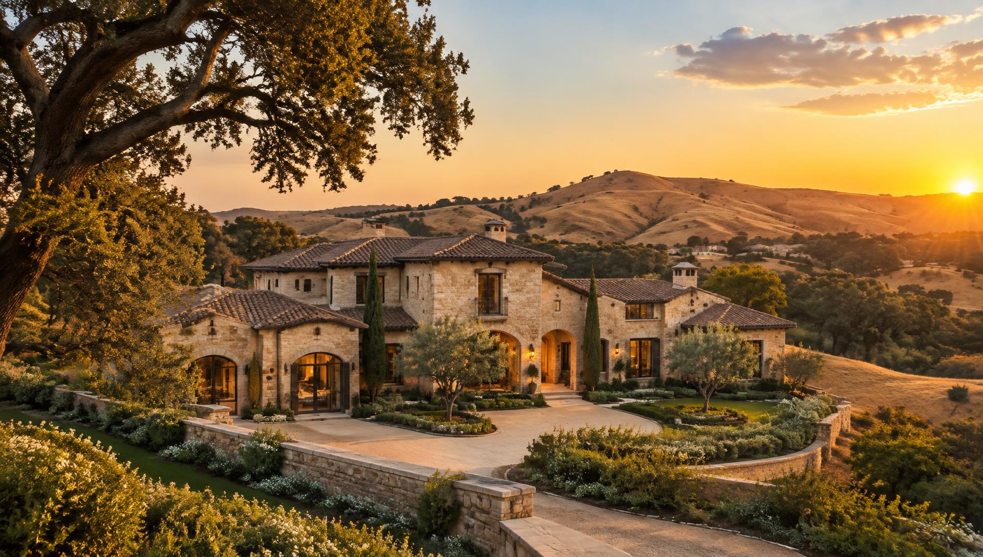 Mediterranean-modern estate among rolling hills and oak trees in Calabasas at sunset