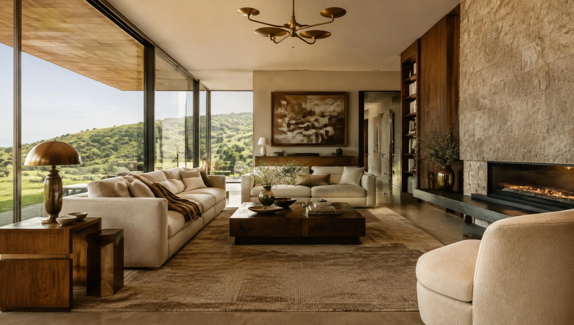 Luxury Calabasas living room with stone fireplace and hill views