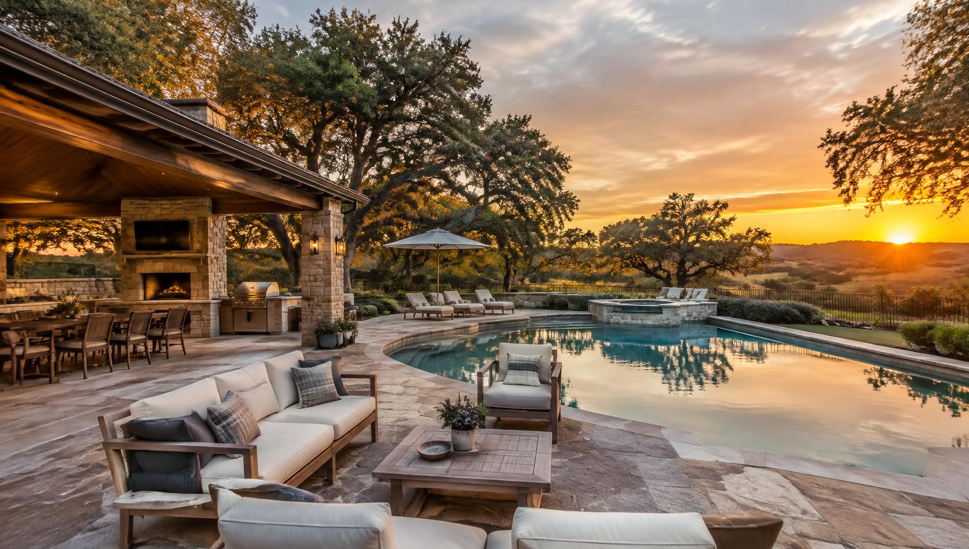 Calabasas residence with resort-style pool and rolling hills at sunset